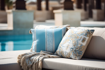 Hotel poolside lounge are with sofa with oriental arabic or turkish ornaments fringed pillows. Beautiful eastern spa or wellness concept, recreational vacation resort tranquil area ai generated