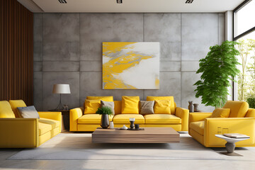 hyper realistic yellow color modern apartment drawing room with sofa set back side wall for abstarct big size painting, beautifule light effects ai generated