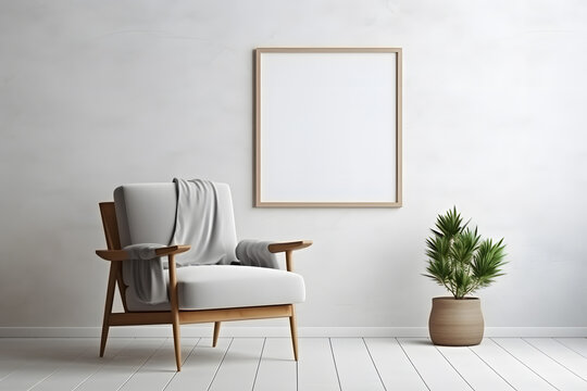 Gray armchair against of white wall with empty mock up poster frame. Scandinavian interior design of modern living room ai generated