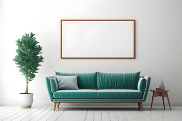 Teal sofa and big mockup poster frame on white wall ai generated