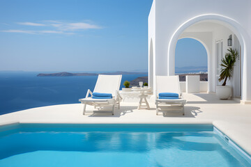 Two deck chairs on terrace with pool with stunning sea view. Traditional mediterranean white architecture with arch. Summer vacation concept ai generated