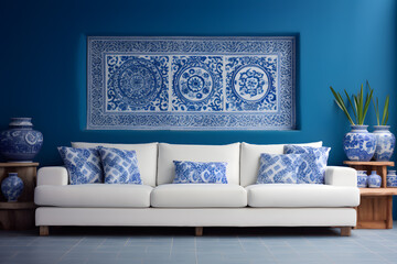 White sofa near blue motifs patterned wall. Boho or eclectic, bohemian interior design of modern living room ai generated
