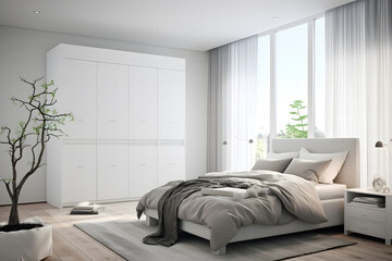 White wooden wardrobe in scandinavian style interior design of modern bedroom ai generated