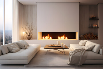 White sofa near fireplace. Interior design of modern living room ai generated
