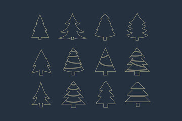 Vintage Christmas tree icon collection. Christmas tree golden line icons. Vector illustration.