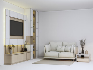 sofa and wooden cabinet in living room with empty wall