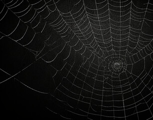 Real creepy spider webs on black background with copy space