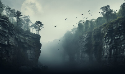 Ethereal Silhouettes of Bats Soaring Amidst Enigmatic Canyon. Surreal and Mysterious Landscape with Fog-Clad Cliffs, Creating a Captivating Atmosphere of Nature's Wonders and Nocturnal Beauty
