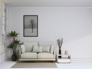 living room with cream sofa, plants and white coffee table, small painting on white wall background