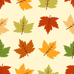 Naklejka na ściany i meble Autumn botanical background with colorful maple leaf on yellow . Falling leaves seamless pattern. Vector cartoon illustration of nature. For banners, cards, flyers, social media wallpapers, etc.