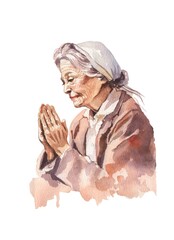 Elderly woman, grandmother prays. Watercolor illustration on a white background. Postcard for church, easter, holidays, baptism