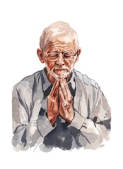 Elderly man, grandfather prays. Watercolor illustration on a white background. Postcard for church, easter, holidays, baptism