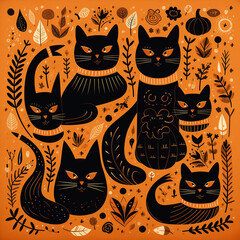 Halloween background orange and black, witches, spiders, pumpkins, bats, black cats, skulls, decoration holiday pattern