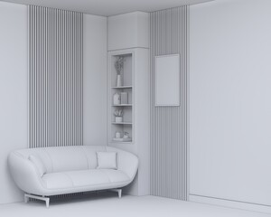 white model of living room design with sofa and wall cabinet