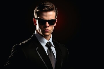 A secret agent in a suit and dark sunglasses. - obrazy, fototapety, plakaty