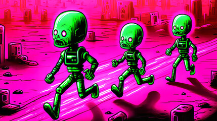 Green alien creatures walking down a city street