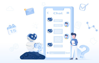 Artificial Intelligence (AI) technology concept. Talking, chatting, texting between AI robot and human on mobile application. Discussion, planning about business success. Flat vector  illustration. 