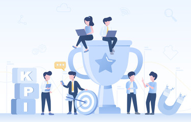 Business ideas concept. Business people standing around trophy, strategy, planning, creativity, achieving success, victory and problem solving. Flat vector design illustration.