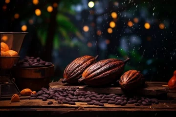 Foto op Canvas fruit of the cocoa tree. cocoa beans. chocolate. banner. beautiful bokeh background with garland © Al