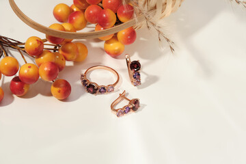 Elegant jewelry set. Jewellery set with gemstones. Jewelry accessories collage. Product still life...