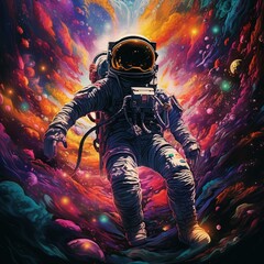 trippy astronaught floating through galaxy