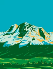 Fototapeten WPA poster art of Cordillera Blanca with Huandoy, Huascaran and Chopicalqui mountains part of the larger Andes range in Ancash region Peru done in works project administration or Art Deco style.  © patrimonio designs
