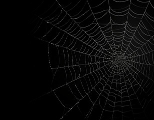 Real creepy spider webs on black background. Illustration with copy space