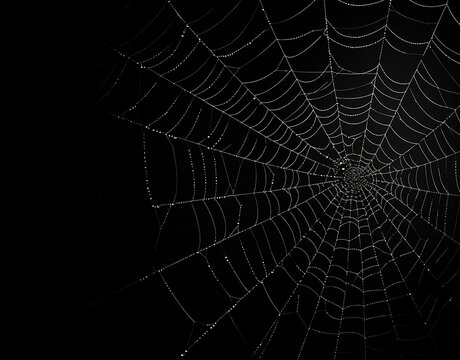 Real creepy spider webs on black background. Illustration with copy space