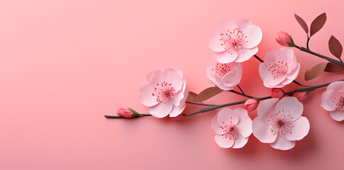 Fototapeta na wymiar Branch of cherry or Sakura blossom isolated on pink background. Spring card