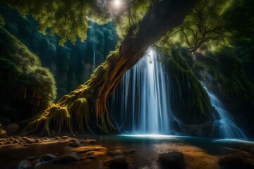 Fototapeta na wymiar big tree, waterfall, universe, fairyland, sparkling, sharp, detailed, panoramic - AI Generative