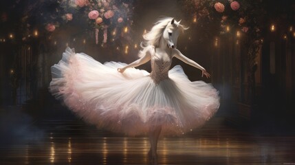 hyperrealistic portrayal of a whimsical unicorn elegantly dancing in a ballet school, wearing a delicate tutu 16:9