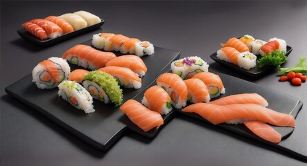 Plentiful Sushi Feast on Stone Plates