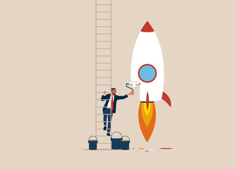Businessman climb up stepladder to paint a wall innovative rocket. Funding startup company or venture capital investment. Flat vector illustration.