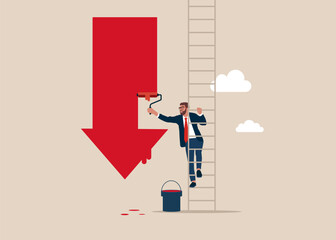Businessman climb up ladder to paint a red arrow down. Draws with red paint and a brush close-up. Vector illustration