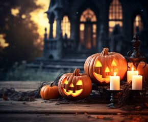 Background halloween illustration. Halloween pumpkins with light candles and leaves. Halloween party