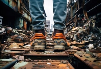 Photo of a person standing on top of a train track