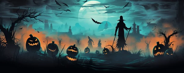 Poster Glowing pumpkins, glowing eyes, fog, ghosts. Illustration with copy space © Nii_Anna
