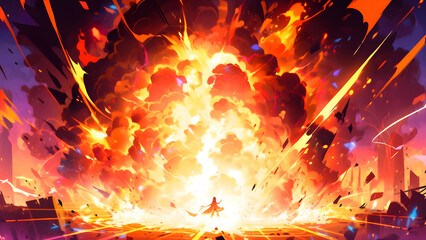 Massive Explosion Epic Anime Style Illustration Wallpaper Background, Generative AI
