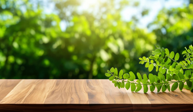 Empty rustic old wooden boards table copy space with moringa tree leaves, more sun lit trees in background. Product display template. Generative AI