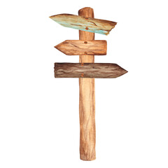 Old wooden signpost with arrows trafic signs isolated on white background. Hand drawn watercolor illustration.