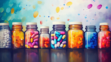 Colorful pills in glass jars - obrazy, fototapety, plakaty