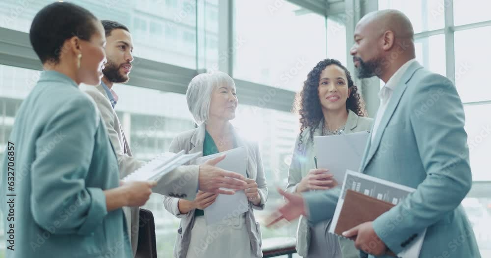 Poster Handshake, welcome and business people onboarding on a deal, agreement and collaboration or meeting in an office. Corporate, teamwork and employees shaking hands talking in discussion of partnership