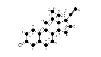 norgestrel molecule, structural chemical formula, ball-and-stick model, isolated contraceptives