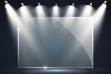 Glass frame illuminated by spotlights.Presentation place.
