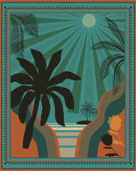Design for towel, scarf, yoga mat. Summer rectangular design. Palm trees, sun, beach, seashells