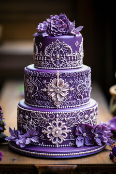 Purple tiered cake with white icing, flowers, gourmet dessert food, vertical