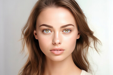 Naklejka premium A women portrait, Beautiful young caucasian woman with clean fresh skin on white background, Face care, Facial treatment, Cosmetology, beauty and spa. Generative Ai