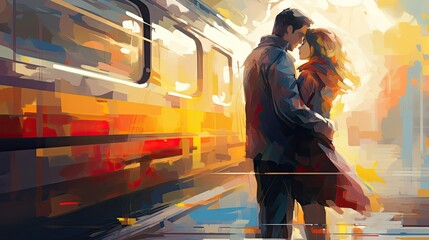 The guy and the girl are happily hugging at the stationafter long separation. Loving couple at train station saying goodbye before travel. Illustration for banner, poster, cover or presentation.