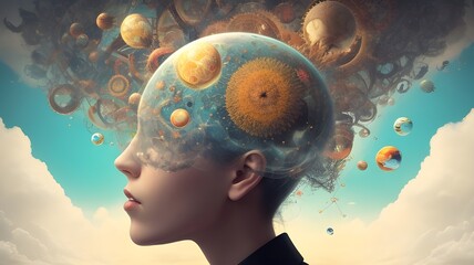 A surrealistic image of a person, with their thoughts and ideas radiating outward, representing the distraction of ADHD, while still maintaining focus.