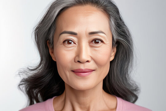 Asian beautiful gorgeous 50s mid aged mature woman looking at camera isolated on white. Mature old lady close up portrait. Healthy face skin care beauty. Generative Ai